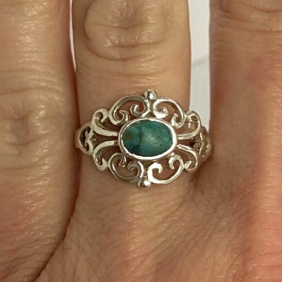 Sterling Silver 925 Cutout Scrollwork Oval Simulated Turquoise Ring Sz 7.25 - Picture 2 of 16